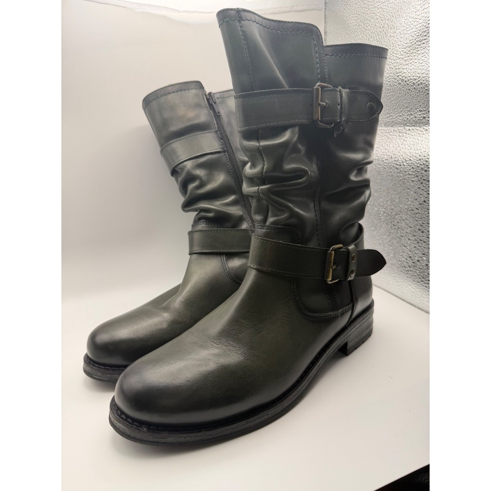 Eric Michael Green Leather Slouch Moto Mid-Calf Boots Buckle Straps Womens 38 - Picture 2 of 10